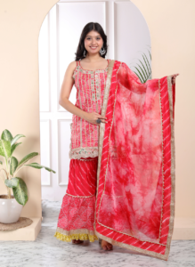 RED BANDHEJ KURTI WITH SHARA SET